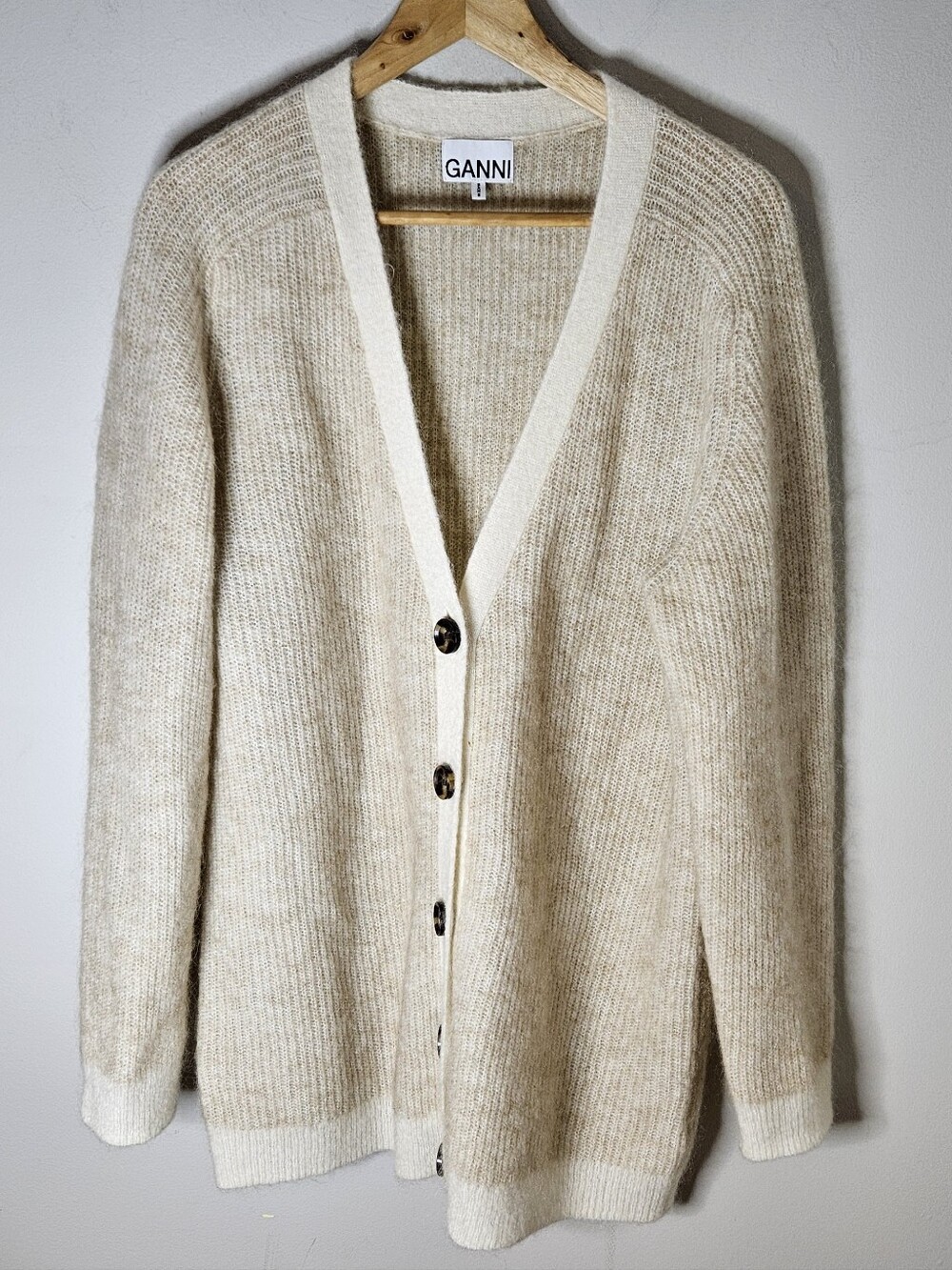 Ganni Mohair Cardigan Sweater Tan Cream Oversized V Neck Women's L